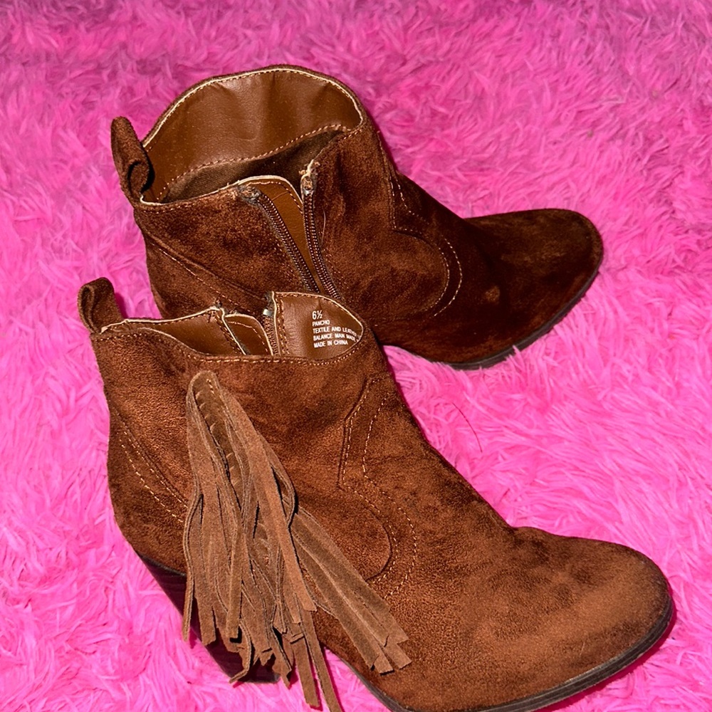 Madden Girl Pancho Leather Suede Fringe Brown Booties